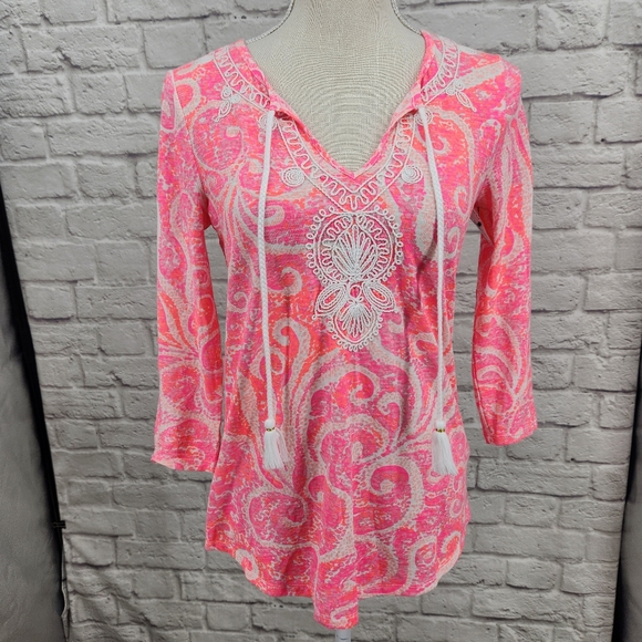 Lilly Pulitzer Tops - Lilly Pulitzer Holly Neon Pink White Embroidered Top Pink Tassel Tie Top Sz XS